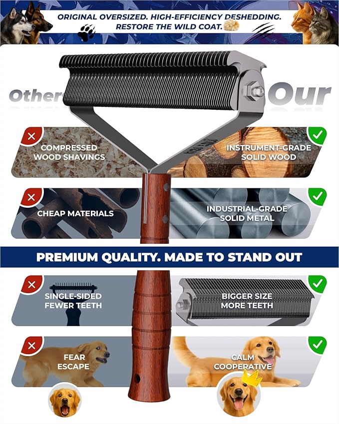 Extra Large 2-Sided Dog Brush For Shedding Undercoat Rake for Dogs & Cats & Horses, Remove Mats, Dematting Comb,Gentle Grooming Brush for German Shepherds Medium to Long-Haired Pets(Walnut Handle)