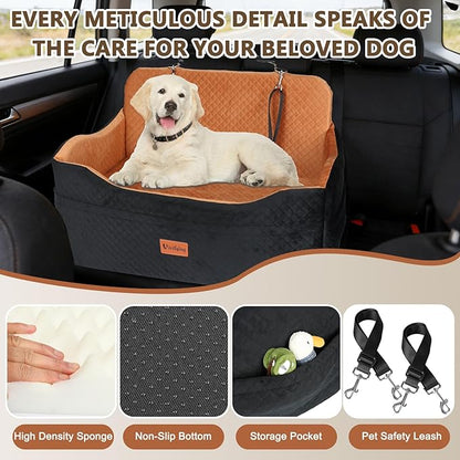 Vivifying Dog Car Seat for Back Seat, Booster Travel Bed for Medium Large Dogs or 2 Small Dogs, 4" Raised Foam Cushion, Safety Leash & Washable Cover, Soft Dog Booster Seat for Cars, Trucks & SUVs