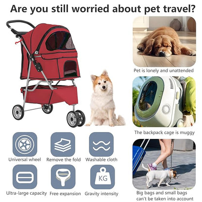 FDW Pet Stroller 3-Wheel Durable Foldable Cat Dog Stroller with Washable Liner Storage Basket Cup Holder,Red