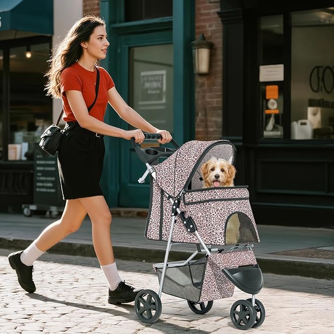 Pet Stroller for Small Dogs 10 lbs, Dog Stroller for Medium Dogs 30 lbs, Cat Strollers for 2 Cats, 3 Wheels Foldable Jogger Puppy Stroller with Storage Basket and Cup Holder, Leopard Print