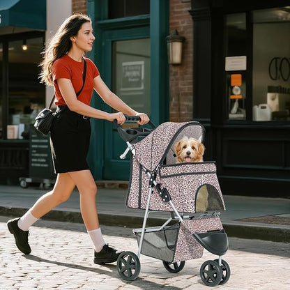 Pet Stroller for Small Dogs 10 lbs, Dog Stroller for Medium Dogs 30 lbs, Cat Strollers for 2 Cats, 3 Wheels Foldable Jogger Puppy Stroller with Storage Basket and Cup Holder, Leopard Print