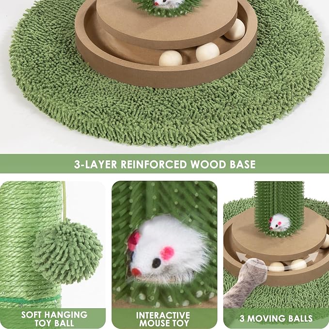 41.5" Cactus Cat Scratching Post, Heavy Duty Sisal Scratcher with Interactive Ball & Grooming Brush, Stable Anti-Tip Cat Tree for Indoor Cats & Large Cats