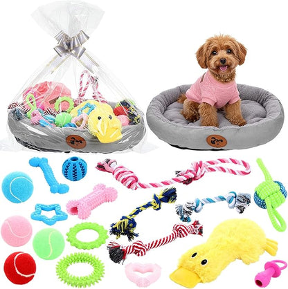 Zopeal 24 Pcs Luxury Dog Gift Set Thickened Plush Dog Bed and Sweater Dogs Squeaky Toys Breed Chewer Cute Duck Stuffed and Soft Squeaker Balls for Winter Puppy Pet Teething Chewing