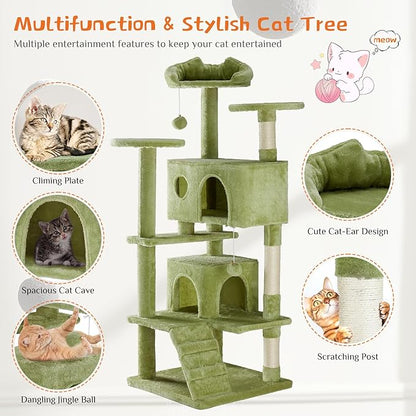 Sweetcrispy 54 Inch Cat Tree Tower, Multi-Level with Cat Scratching Post, Indoor Cat Condo with Climbing Ladder, Plush Toy, Play House for Cat, Green