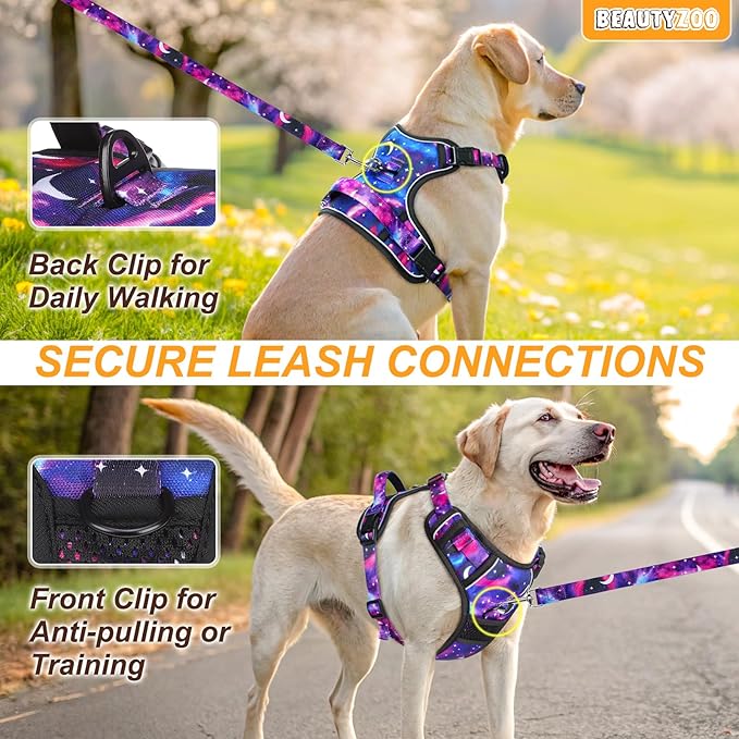 BEAUTYZOO No Pull Dog Harness and Leash Set with 2 Metal Leash Clips - Overhead-Free 3 Snap Buckles Design, Adjustable No-Choke Soft Padded Reflective Oxford Pet Vest for Small Medium Large Dogs, XL