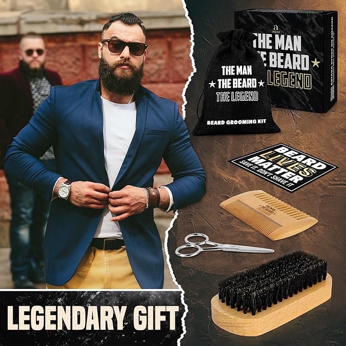 AXIARA Grooming Gifts for Men - Beard Kit Grooming and Care with Brush, Comb, Scissors & Storage Bag - Anniversary Retirement Birthday Gifts for Men Dad Grandpa, Husband Birthday Gift Ideas