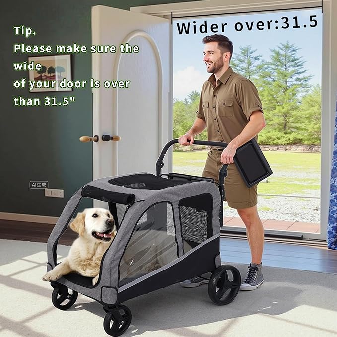 Kepptory Large Dog Stroller for Medium/Large Dogs up to 130 lbs, Foldable Pet Stroller with 4 Wheels, Adjustable Handle, Heavy Duty Dog Carriage for Senior, Disabled, Injured Pets, Grey