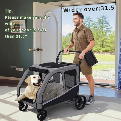 Kepptory Large Dog Stroller for Medium/Large Dogs up to 130 lbs, Foldable Pet Stroller with 4 Wheels, Adjustable Handle, Heavy Duty Dog Carriage for Senior, Disabled, Injured Pets, Grey