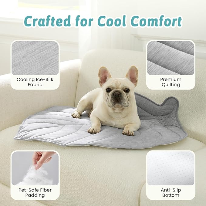 COZY KISS Dog Cooling Mat, Q-Max > 0.4 Leaf Shaped Pet Pad, Liquid Pee Proof Summer Mat for Cats, Washable Sleep Blanket for Bed Couch Floor Indoor, 39x34 inch, Silver Grey