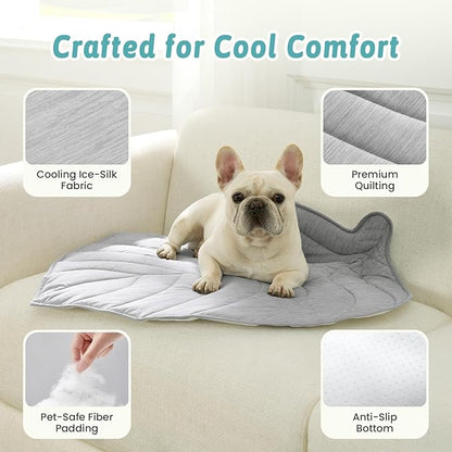 COZY KISS Dog Cooling Mat, Q-Max > 0.4 Leaf Shaped Pet Pad, Liquid Pee Proof Summer Mat for Cats, Washable Sleep Blanket for Bed Couch Floor Indoor, 39x34 inch, Silver Grey