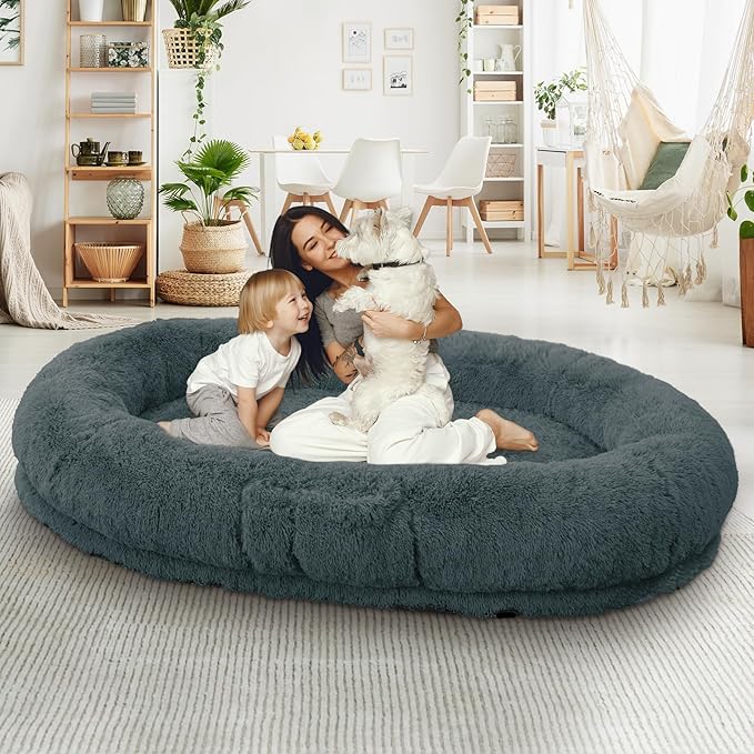 Human Dog Bed, 71''x45''x12'' Size Fits People and Pet 10 CM Thick Memory Foam Washable Adult Large Bed Giant Oversize Foldable Dog Bed with Plump Pillow, Blanket, Strap - Darkgrey