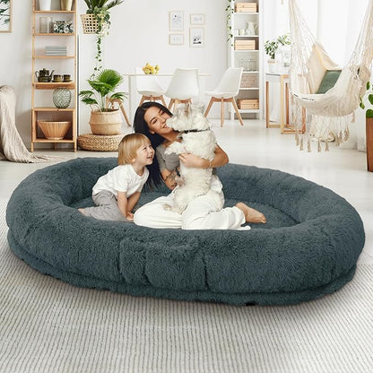 Human Dog Bed, 71''x45''x12'' Size Fits People and Pet 10 CM Thick Memory Foam Washable Adult Large Bed Giant Oversize Foldable Dog Bed with Plump Pillow, Blanket, Strap - Darkgrey