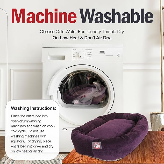 Majestic Pet 52 Inch Micro Velvet Calming Dog Bed Washable – Cozy Soft Round Dog Bed with Spine for Head Support - Fluffy Donut Puppy Mat 52x35x11 (inch) X- Large – Aubergine