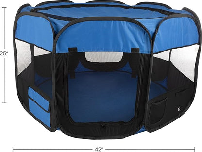 Pet Playpen - 42x25 Pop-Up Dog Kennel with Carry Bag - Portable Play Pen for Dogs, Cats, Rabbits, and Small Animals by PETMAKER (Blue)