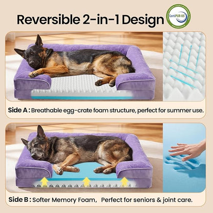 OhGeni Orthopedic Dog Bed Couch Big Cat Sofa for Extra Large Sized Pets with Memory Foam, Machine-Washable Waterproof Removable Cover, Soft Comfortable Fabric, 44-inch (Purple)
