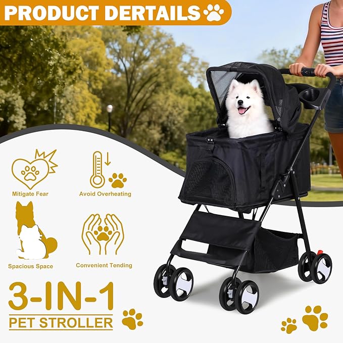 ZENY Pet Stroller, 3 in1 Foldable Dog Cat Jogger Stroller with 4 Wheels, Detachable Basket and Cup Holder, Travel Folding Carrier for Small/Medium Pet (Black)
