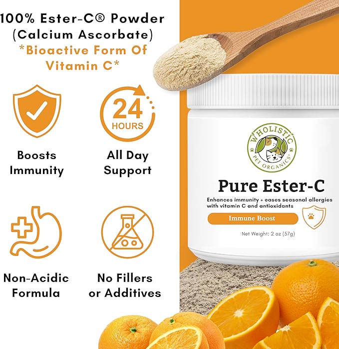 Wholistic Pet Organics Ester-C Powder for Dogs & Cats - Cat & Dog Allergy & Itch Relief - Vitamin C Immune Support Supplement - Itchy Skin Support for Seasonal Dog Allergy Relief - 2 oz - 57 Scoops