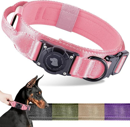 2026 Upgrade Waterproof AirTag Dog Collar, Military Tactical Dog Collar with AirTag Holder, Comfortable Control Handle and Metal Buckle, GPS Dog Collar Holder for Medium to Large Dogs (Pink, XL)