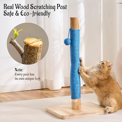 29" Tall Cat Scratching Post for Indoor Cats Adults, Extra-Stable & Natural Solid Wood Scratching Post Sisal Scratcher with Hanging Funny Ball, Blue