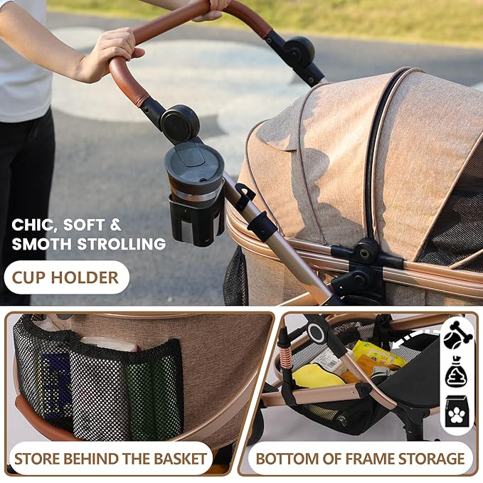 Bicystar Pet Stroller for Medium Dogs, Smooth-Ride Dog Stroller with Detachable Carrier, Rubber Wheels, Car Seat Combo 3-in-1, Up to 50 lbs, for Senior Dogs & Cats, Tan