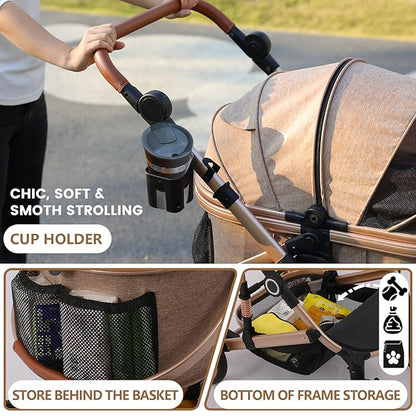 Bicystar Pet Stroller for Medium Dogs, Smooth-Ride Dog Stroller with Detachable Carrier, Rubber Wheels, Car Seat Combo 3-in-1, Up to 50 lbs, for Senior Dogs & Cats, Tan