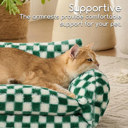 Hollypet Cat Bed Fluffy Plush Mutifuctional Double-Layer Soft Pet Couch Orthopedic Sofa Nest Beds for Small Cats and Dogs, Forest Green and White (21x15x8 inch)