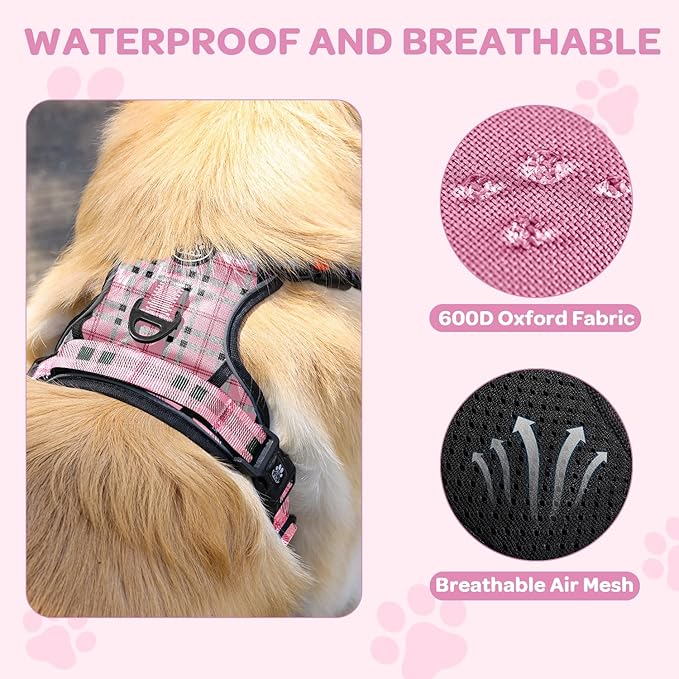 FURRYFECTION Plaid Dog Harness for Medium Dogs, Reflective No Pull Adjustable Pet Vest with Front Clip, Leash, Easy Control Handle and Seat Belt, Pink&Black, M