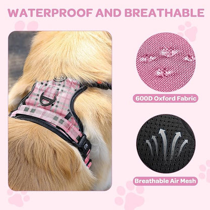 FURRYFECTION Plaid Dog Harness for Large Dogs, Reflective No Pull Adjustable Pet Vest with Front Clip, Leash, Easy Control Handle and Seat Belt, Pink&Black, L