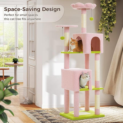 MUTTROS Flower Cat Tree, 62-Inch Large Cat Tower for Multi-Cat Households w/Scratching Posts, Multi-Level Cat Condo w/Cozy Top Perch & Scratching Pad, Padded Platform, 2 Pompoms, Pink