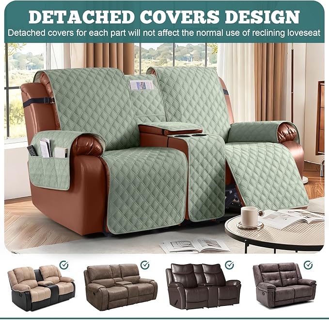Ruaozz Waterproof Loveseat Recliner Cover with Console Non-Slip Reclining Couch Covers Split Sofa Slipcovers with Elastic Straps for Kids, Dogs, Pets (Sage Green, 2 Seater)