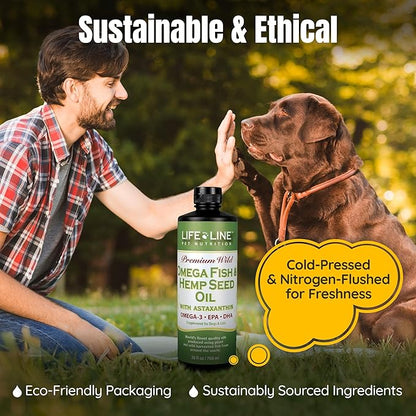 Lifeline Premium Pet Hemp Oil for Dogs & Cats – Omega 3 Supplement with Fish Oil & Astaxanthin for Joint Health, Itchy Skin & Anxiety – Dog Hemp Oil Supports Pain Relief – 26 oz