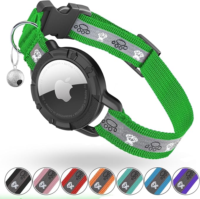 Reflective AirTag Cat Collar, Integrated Cat Tracker Collar with Air Tag Holder and Bell, Safety Elastic Band Cat GPS Collars for Girl Boy Cats, Kittens and Puppies (Emerald,S)