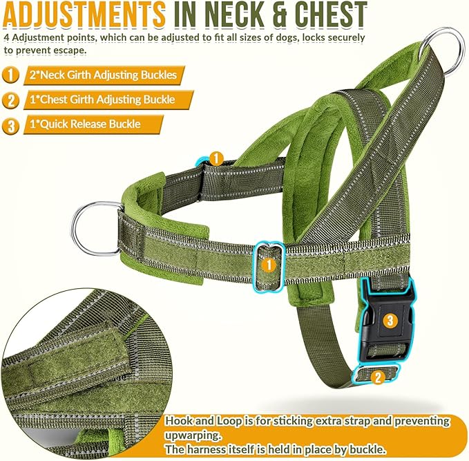 Lukovee No Pull Dog Harness & Leash Set - Heavy Duty Dog Vest Harness with Soft Padded for Medium Large Dogs, Adjustable Reflective Tactical Pet Harness for Easy Walk and Training (L, Green)