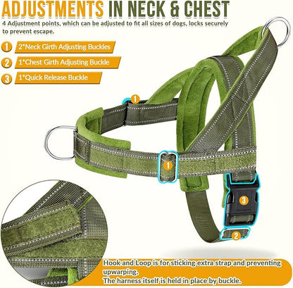 Lukovee No Pull Dog Harness & Leash Set - Heavy Duty Dog Vest Harness with Soft Padded for Medium Large Dogs, Adjustable Reflective Tactical Pet Harness for Easy Walk and Training (L, Green)