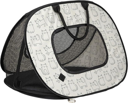 SportPet Designs Pop Open Cat Carrier, Soft-Sided Collapsible Travel Carrier for Cats up to 15 lbs, Lightweight Portable Design with Mesh Ventilation & Secure Zippers, Cat Print