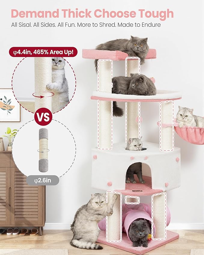 Cat Tree Tower for Large Cats Adult - 60 Inch XXL Sturdy Heavy Duty Extra Wide Scratching Posts (φ4.4in) Condo - Indoor Big Cat House Hammock Perch - XL Wood Multi Level Feline Pet Bed Trees Houses