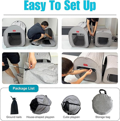 Portable Cat Playpen, Pop-up 2-in-1 Crate Playpen with Litter Box Area for Travel Indoor Outdoor, Foldable Pet Playpen Enclosed for Kitten Puppy Rabbit Hamster Small Animals