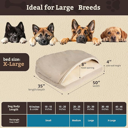 Snoozer Rectangle Cozy Cave Dog Bed - Indoor Dog Bed with Cover Cave, Covered Calming Burrow for Large Sized Pets with Blanket Attached, Enclosed, Washable Cover - XL, Buckskin