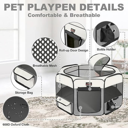 Aivituvin Dog Playpen Foldable Pet Play Pens with Carrying Bag for Cat, Puppies, Rabbits, Chickens, Durable Portable Pet Tent for Travel Camping Indoor/Outdoor Grey L