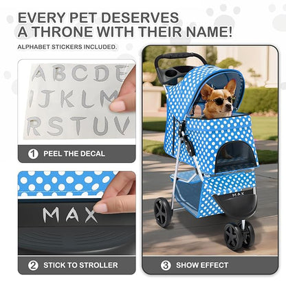MoNiBloom 3 Wheels Pet Dog Cat Stroller for Small Medium Dogs Cats, Foldable Jogger Stroller w/Storage Basket and Cup Holder, Sky Blue Polka Dots