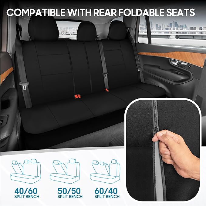 BDK PolyPro Car Seat Covers Full Set in Solid Black, Front and Rear Split Bench Seat Covers for Cars, Easy to Install Car Seats Cover Set and Accessories for Auto Trucks Van SUV - Solid Black