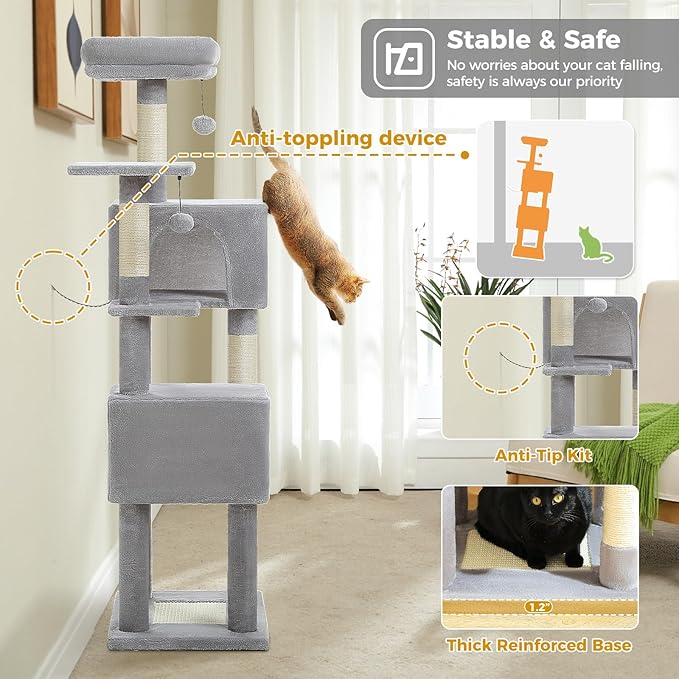 MUTTROS 62-Inch Cat Tree for Indoor Cats, Large Cat Tower with Scratching Posts for Large Cats, 2 Bigger Plush Condos, Padded Platform, Soft Cat Bed and Scratching Pad, 2 Pompoms, Gray