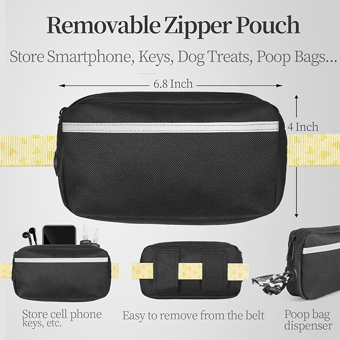 iYoShop Hands Free Dog Leash with Zipper Pouch, Dual Padded Handles and Durable Bungee for Walking, Jogging and Running Your Dog (Yellow Heart, Large)