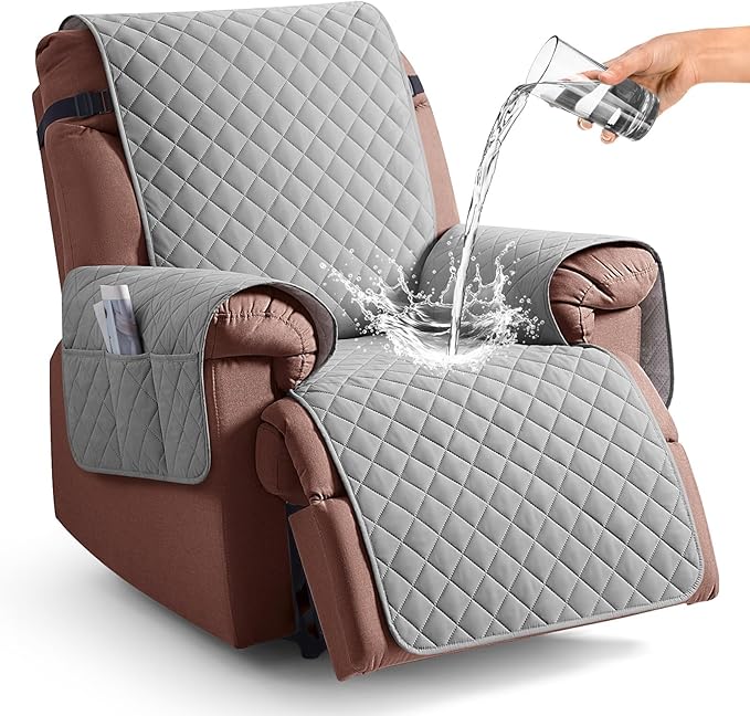 KinCam 100% Waterproof Recliner Chair Cover, Reclining Couch Covers for Pets, Dogs, Recliner Couch Slipcover Furniture Protector with Elastic Straps for Kids(30", Light Gray)