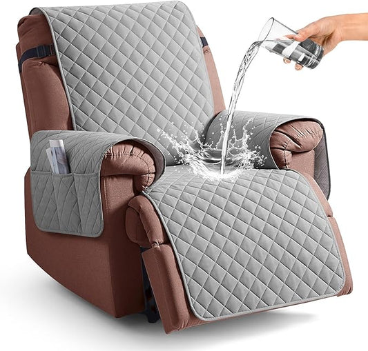 KinCam 100% Waterproof Recliner Chair Cover, Reclining Couch Covers for Pets, Dogs, Recliner Couch Slipcover Furniture Protector with Elastic Straps for Kids(23.6", Light Gray)