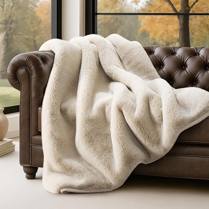 EVERGRACEHOME Luxury Soft Faux Chinchilla Fur Throw Blanket for Couch, Warm Thick Heavy Winter Throw Blanket 1220GSM for Bed, Fluffy Cozy Mink Blanket with Reversible Velvet, Birch Mink, 50"x60"