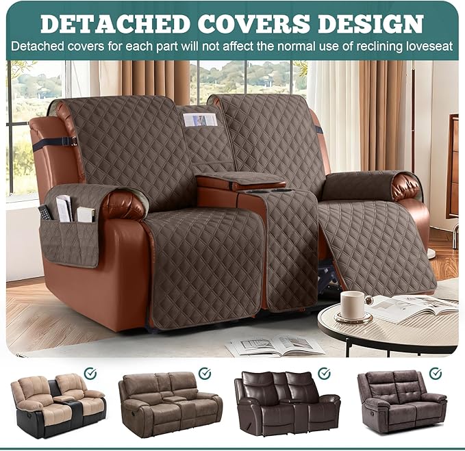 Ruaozz Waterproof Loveseat Recliner Cover with Console Non-Slip Reclining Couch Covers Split Sofa Slipcovers with Elastic Straps Furniture Protector for Kids, Dogs, Pets(Brown, 2 Seater)