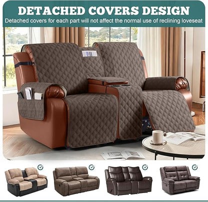 Ruaozz Waterproof Loveseat Recliner Cover with Console Non-Slip Reclining Couch Covers Split Sofa Slipcovers with Elastic Straps Furniture Protector for Kids, Dogs, Pets(Brown, 2 Seater)