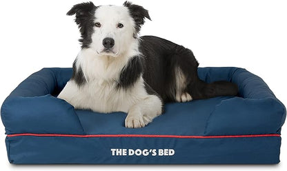The Dog’s Bed Orthopedic Memory Foam Dog Bed with Bolsters for Large Dogs, High Density Support Mattress, Low Front Entry, Removable Washable Cover, Oxford Fabric, Blue with Dark Red Trim, Large