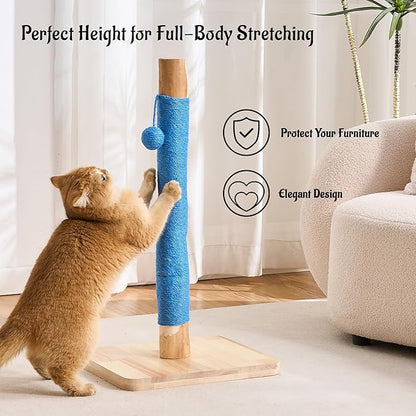 29" Tall Cat Scratching Post for Indoor Cats Adults, Extra-Stable & Natural Solid Wood Scratching Post Sisal Scratcher with Hanging Funny Ball, Blue